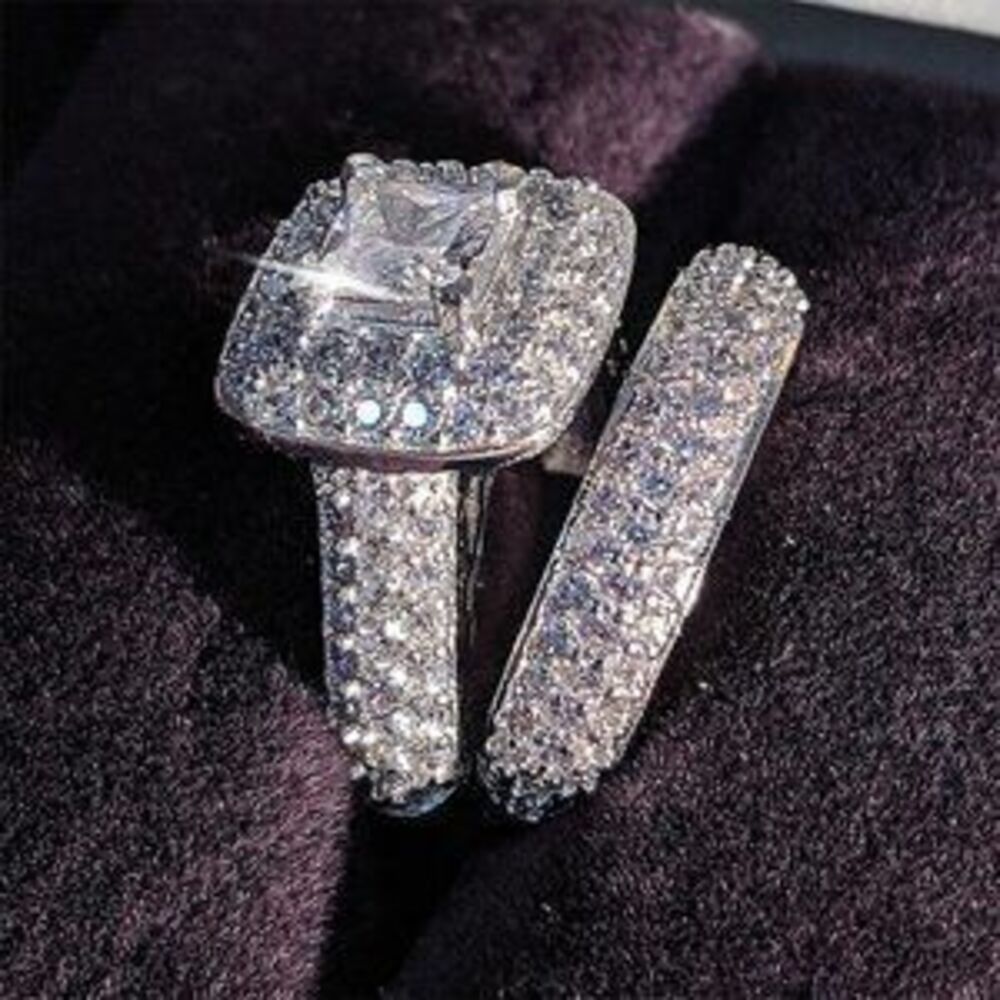 925 Sterling Silver Princess Halo Ring Set